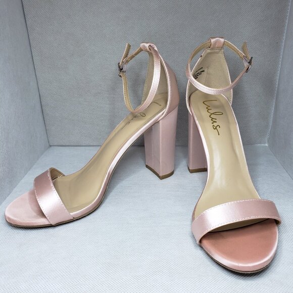Lulu's Blush Pink Satin Ankle Strap Block Heel Shoe SIZE 9 - Picture 4 of 11